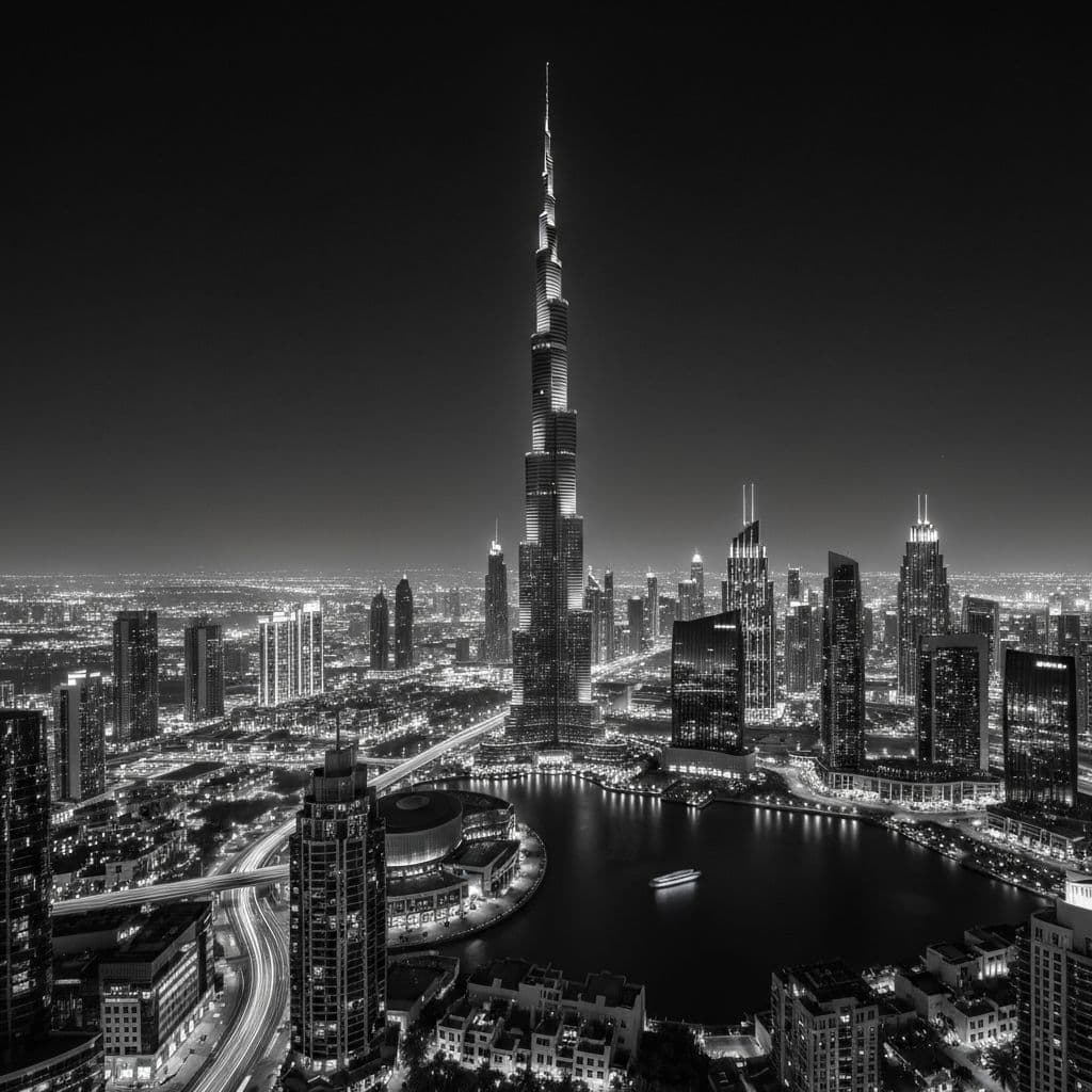 Luxury Dubai nightlife skyline featuring Burj Khalifa illuminated at night, showcasing premium cityscape for exclusive events, VIP celebrations, and corporate galas managed by Karmadxb event planning agency